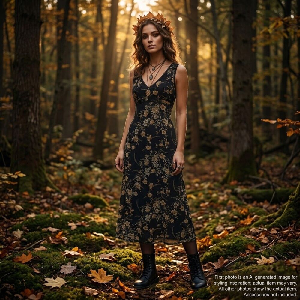 Vintage Dark Floral Midaxi Mesh Trim Dress 8 Forest Fairy Grunge Y2K Cottagecore